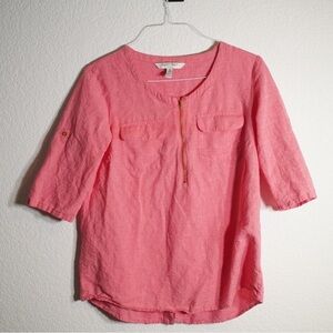 Ellen Tracy Linen Women’s shirt Pink Short Sleeve Gold Zipper Size Medium